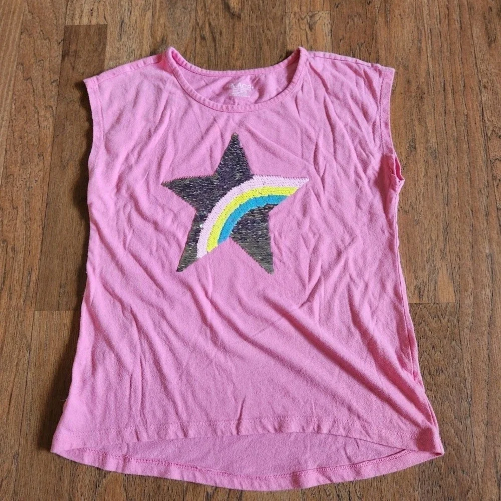 The Childrens Place Girls Pink Sequin Star Rainbow Muscle Tee Shirt L 10/12 633